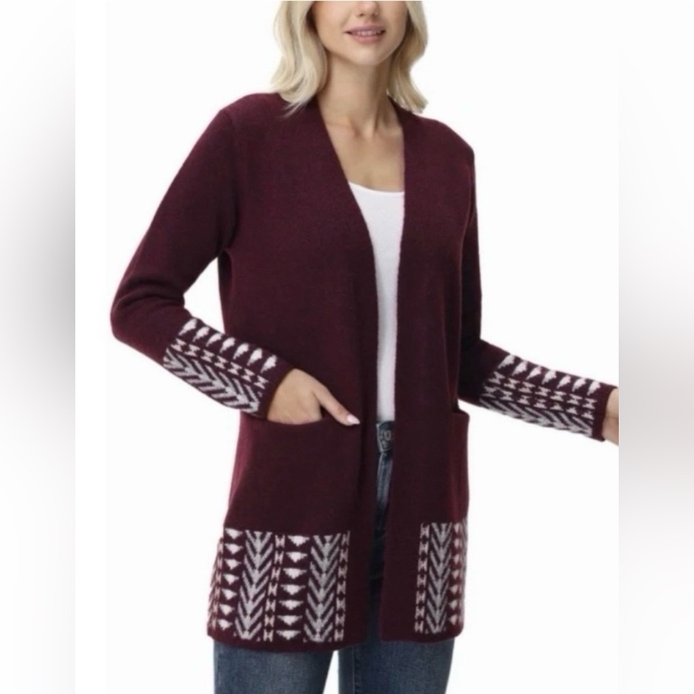 Frye The Cozy Cardigan Sweater Geometric Boarder Pattern Oxblood Red NWT